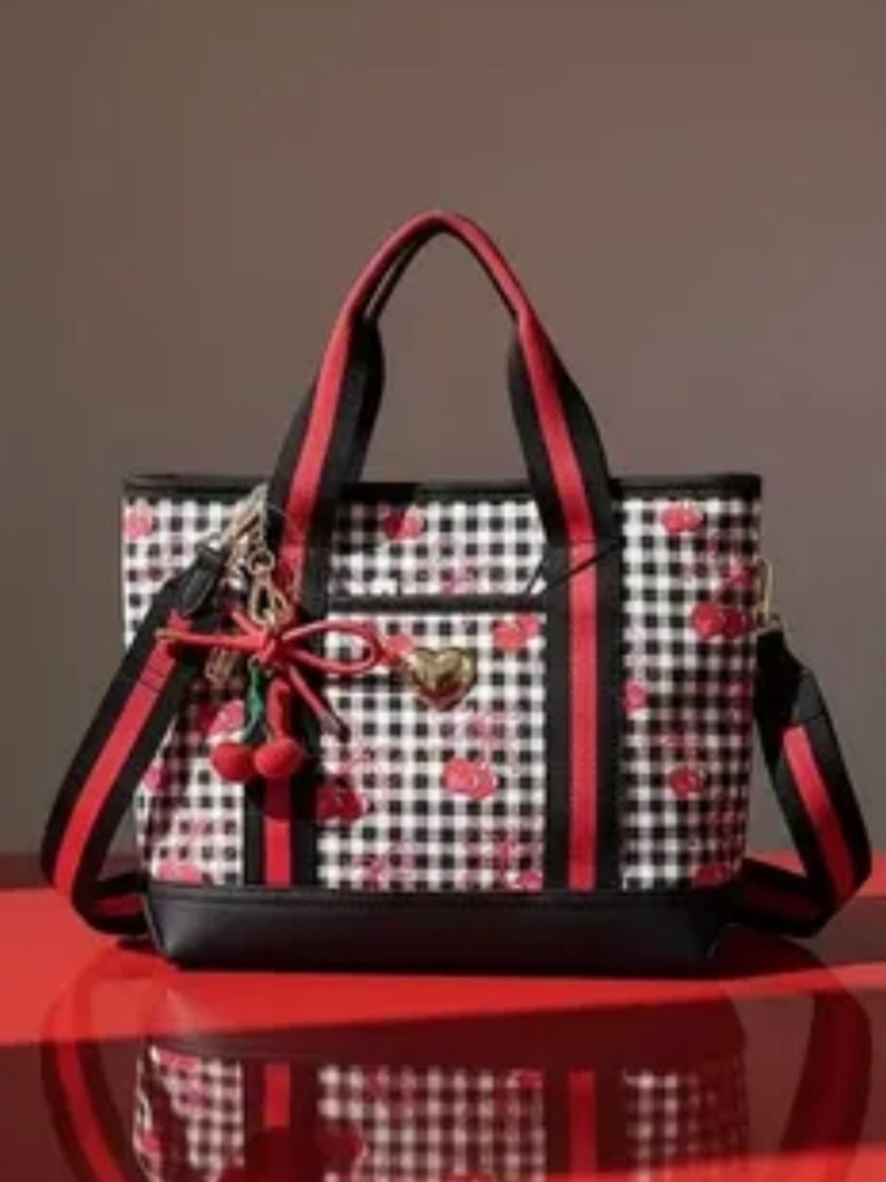 Black & Red Gingham Tote with Cherry Accents - Women's Handbag